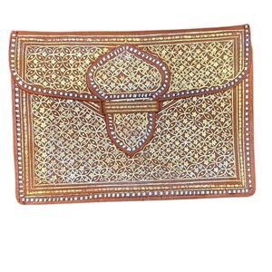 Clutch envelope Tangerine Orange Soft Leather Gold Stamped Accent White Border